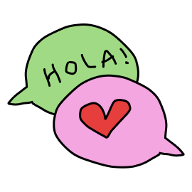 Two speech bubbles, one that says Hola and one with a red heart