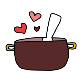 A pot with a ladle and 3 hearts coming out of it