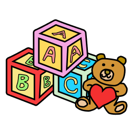 Children's blocks that say A, B, and C, with a teddy bear holding a heart in front